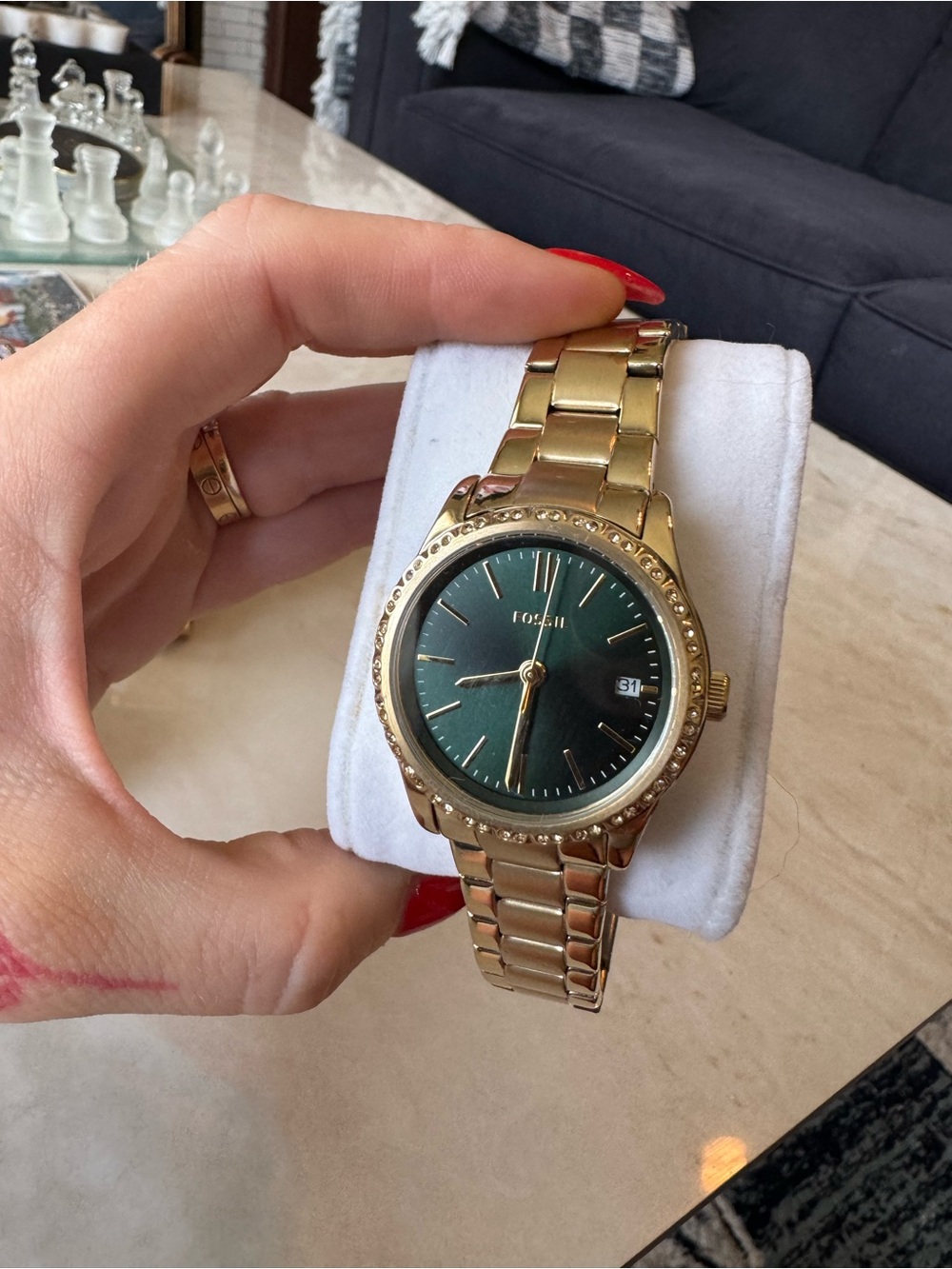 Fossil Gold-Tone Watch with Green Dial and Crystal Bezel